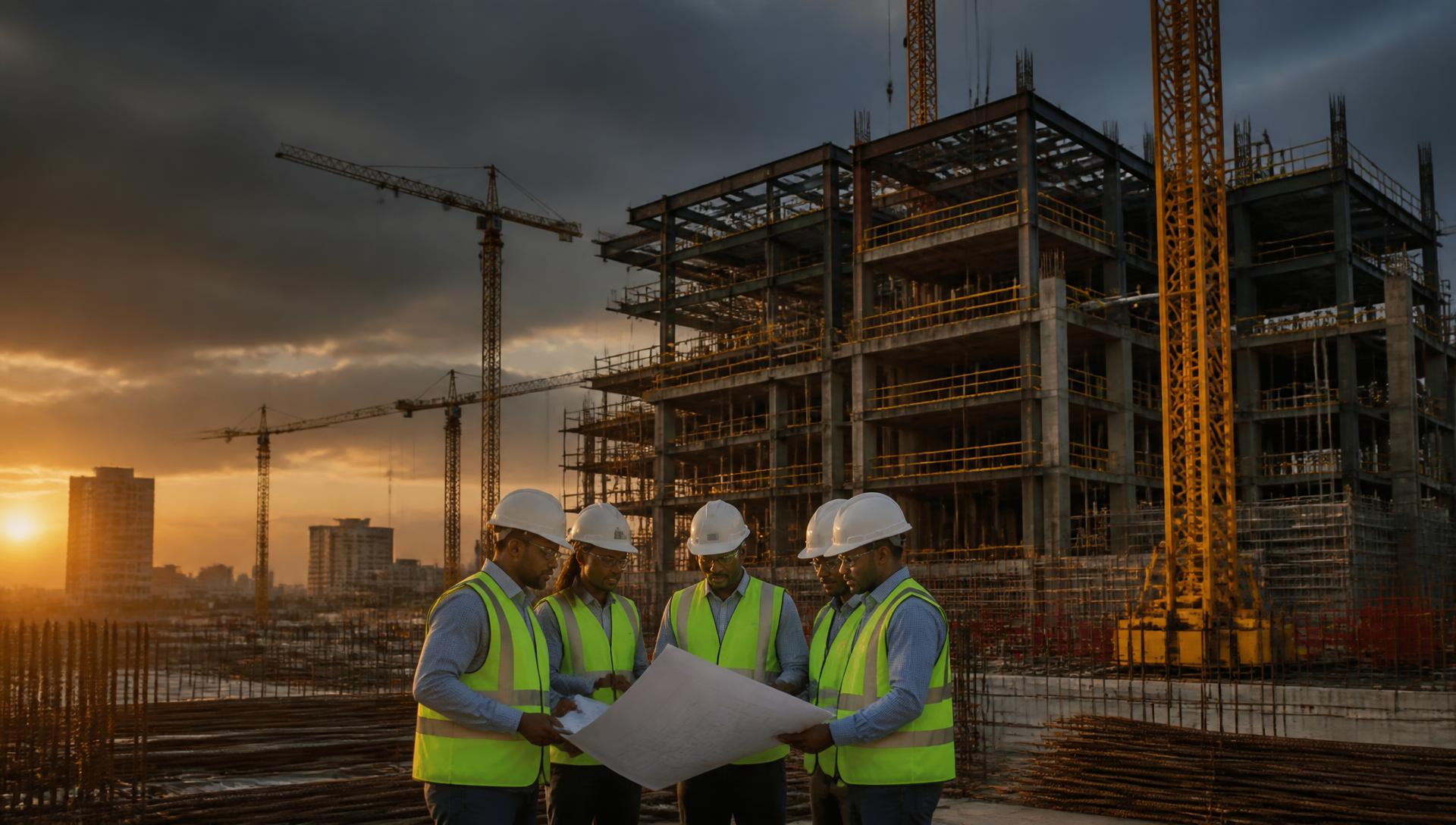 Construction site in Ghana with tower cranes and engineers reviewing plans at sunset